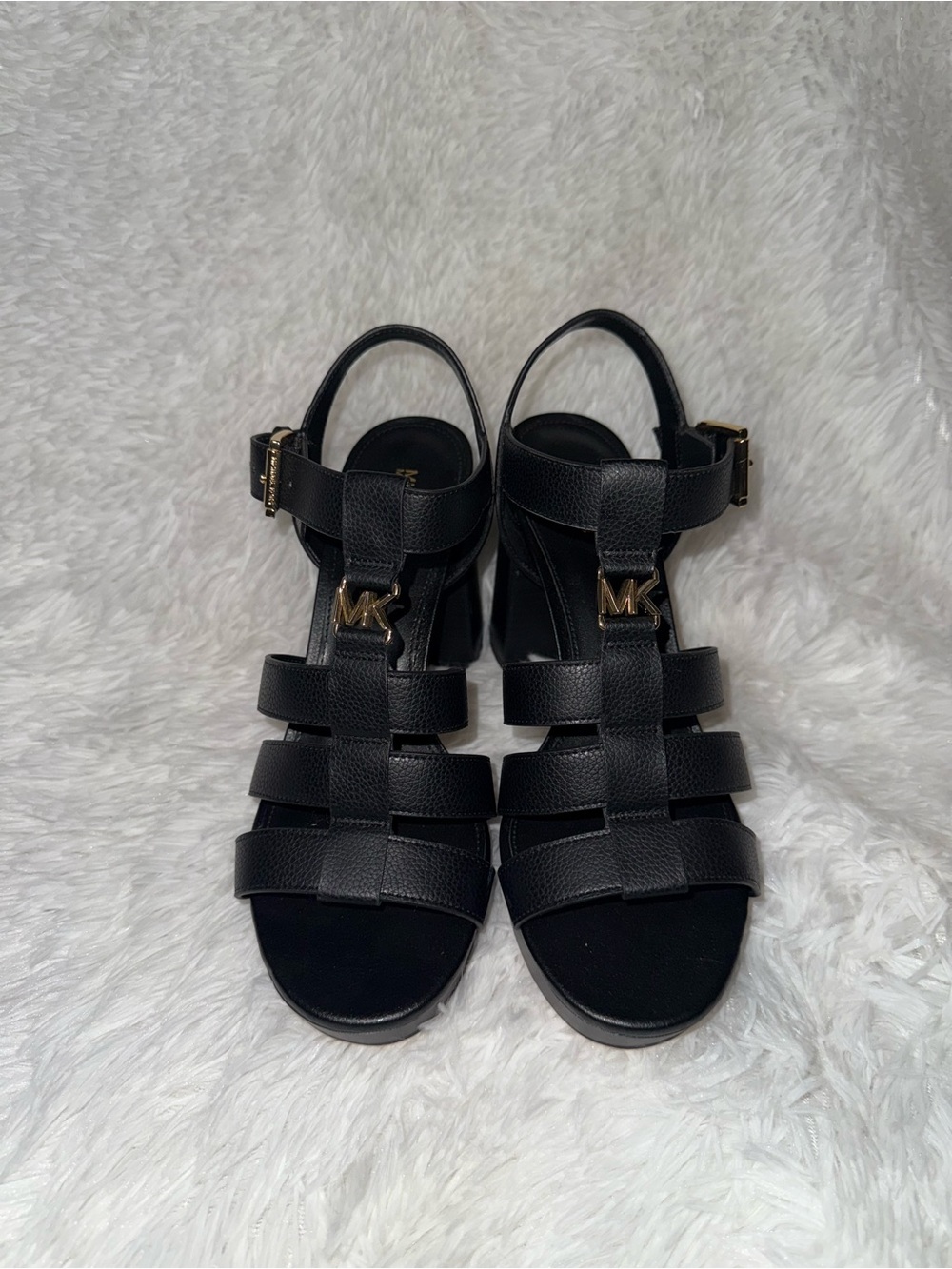 Michael Kors Black Leather Multi-Strap Logo Heels